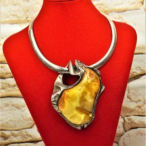 MASSIVE AMBER PENDANT, 925 Sterling Silver, WIDE OMEGA ITALIAN STERLING CHAIN